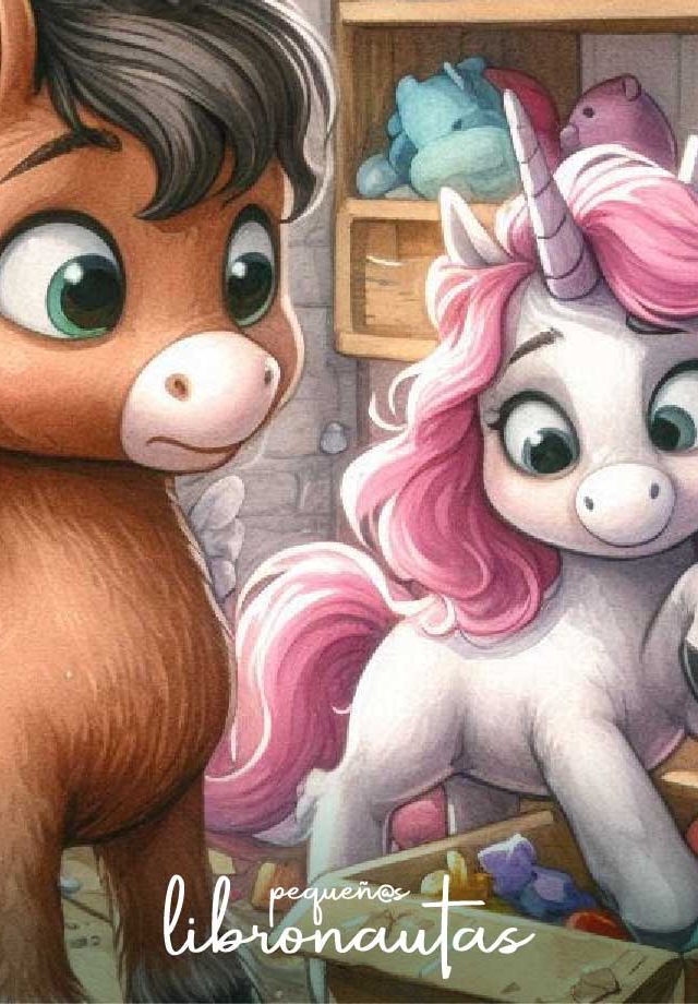 Caramelo y Estrella, un pegaso y un unicornio, en una habitación desordenada
