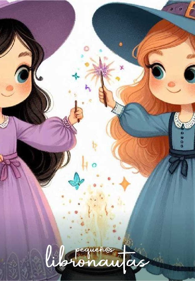Dos brujas pequeñas cocinando una receta de galletas mágicas