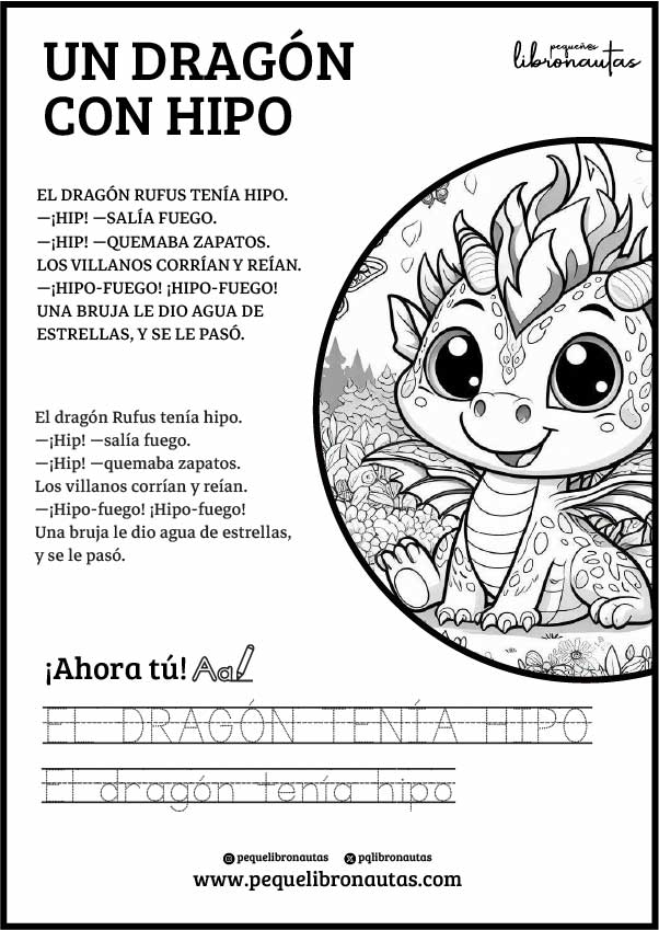 Un dragón con hipo. cuento en mayúscula, minúscula y letras para reseguir