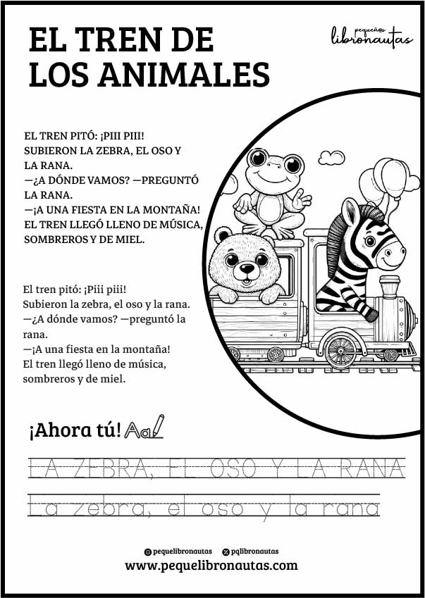 Cuento tren animales en mayúsculas, minúsculas, con dibujo para pintar y letras para reseguir